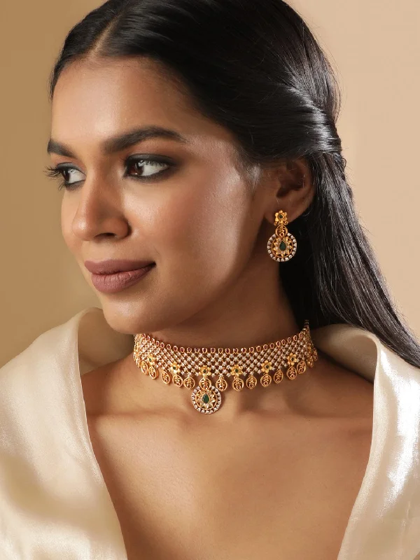 Chic And Stylish Jewelry At Exclusive Prices Rubans 22K Gold plated Rubi & emerald Zirconia studded delicate dangle Luxury Temple Choker necklace set