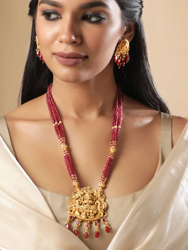 Jewelry Clearance Event – Last Chance For Stunning Deals Rubans 22K Gold plated Striking Ruby Red Beaded handcrafted Temple Necklace Set