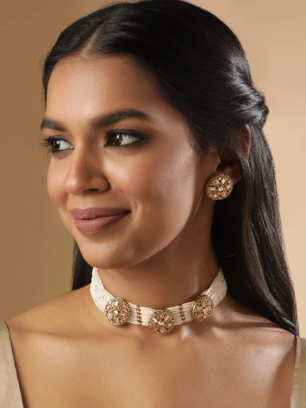 Limited-Stock Jewelry Sale – Shop Before It's Gone Rubans 22k Mehndi Gold Plated Dazzling Reverse AD Cream Pearl Beaded Choker necklace set