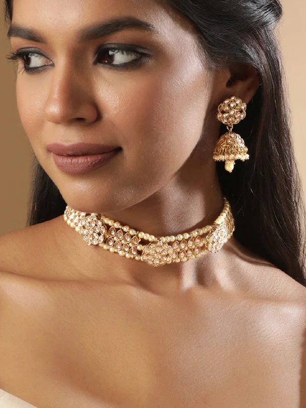 Luxury Meets Affordability – Jewelry Sale Live Now Rubans 22k Mehndi Gold Plated Dazzling Reverse AD Pearl Beaded Choker Set