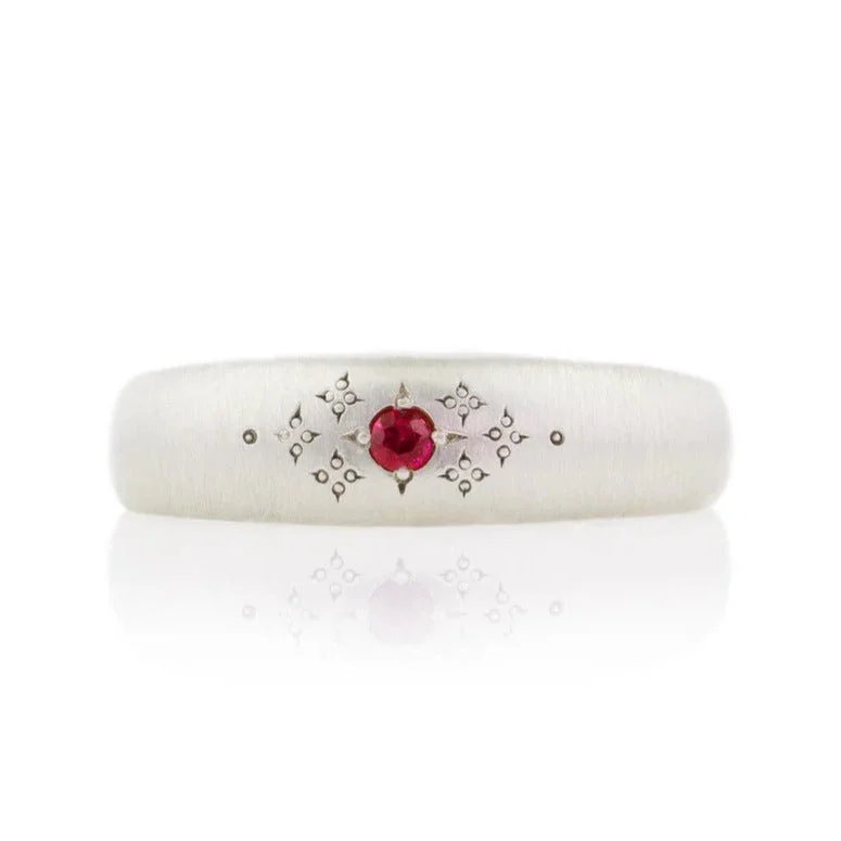 Handmade Pearl Jewelry For Timeless Elegance Tapered Silver Ring with Etched Ruby Center