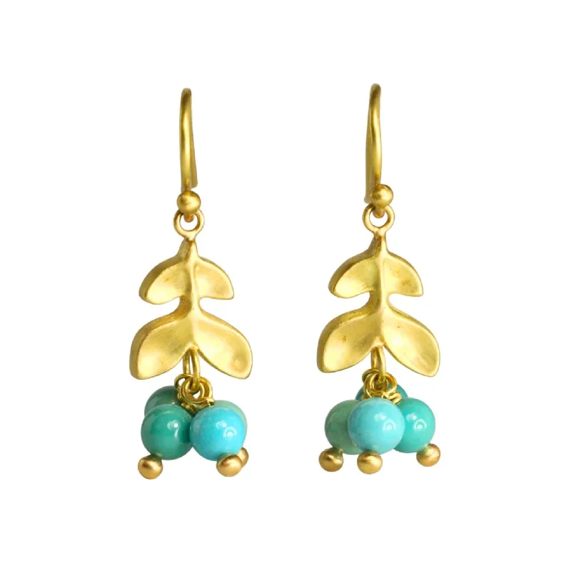 Must-Have Jewelry At Unbelievable Discounts 20K Gold Double Laurel Earrings with Dangling Turquoise Beads