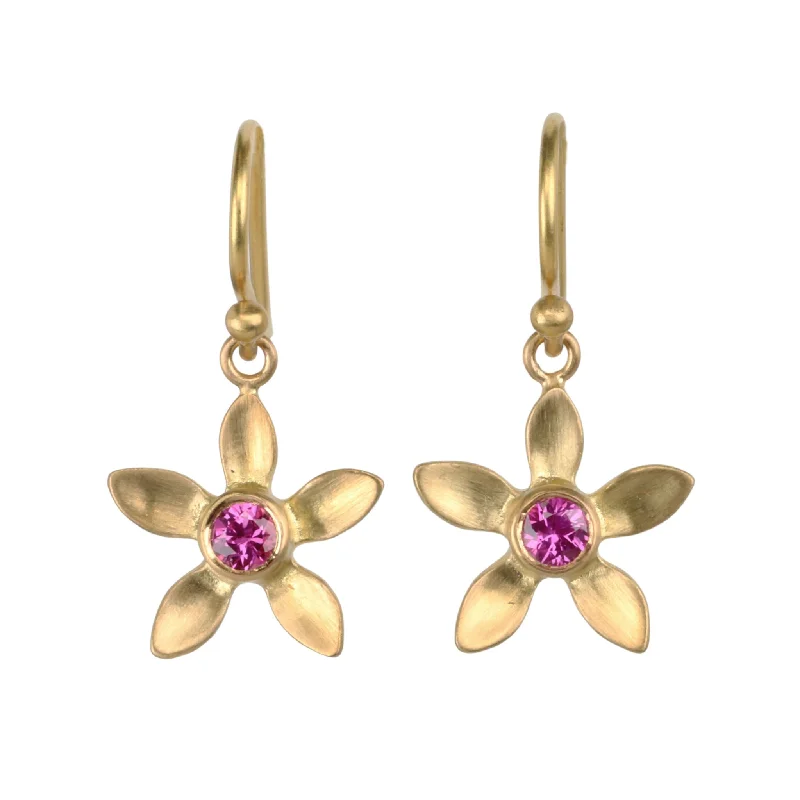 Flash Sale On Elegant Jewelry – Don't Miss Out 20K Gold Flower Earrings with Vietnamese Pink Sapphires