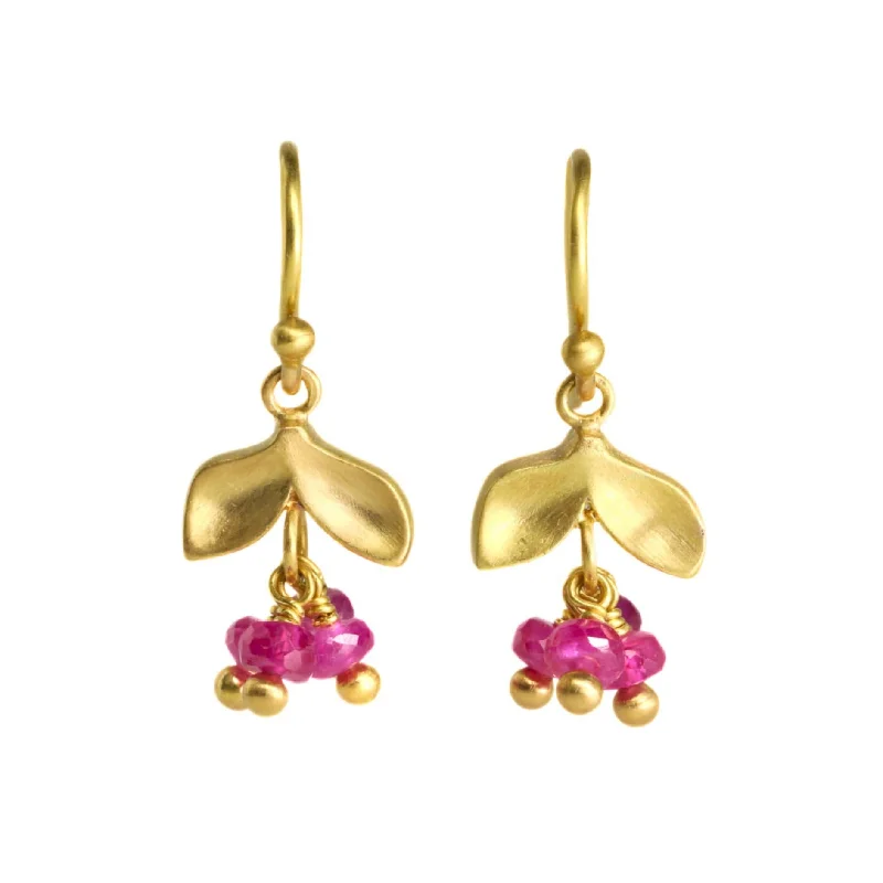 Get The Sparkle You Love At Prices You Adore 20K Gold Laurel Earrings with Three Dangling Ruby Stones