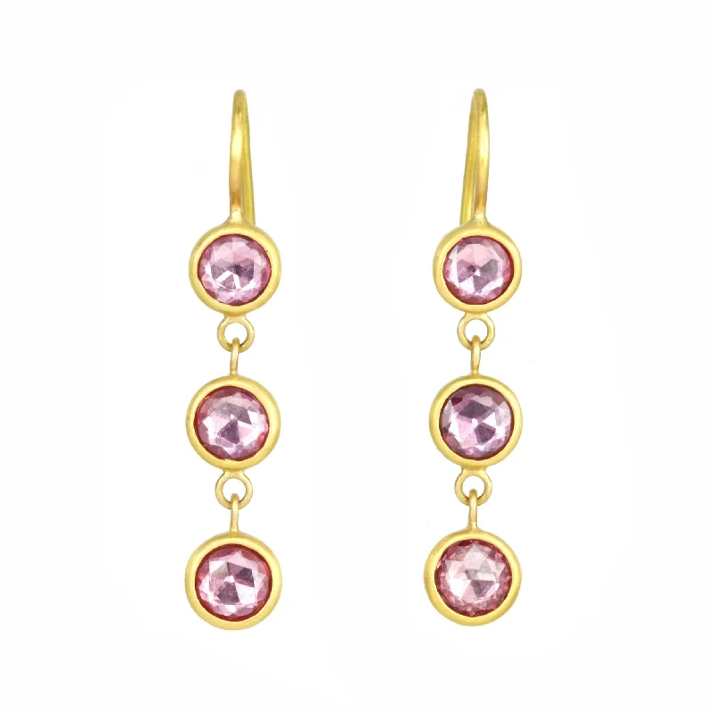 Personalized Jewelry At Special Discount Rates 22K Gold Bezel-Set Rose Cut Pink Sapphire Triple Drop Earrings