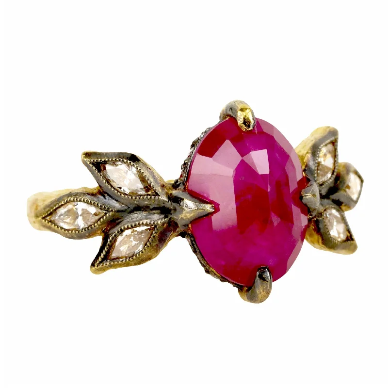 Seasonal Jewelry Sale – Upgrade Your Style Today 22k Gold Mozambique Ruby with Diamond Leaves and "Pave Seat"