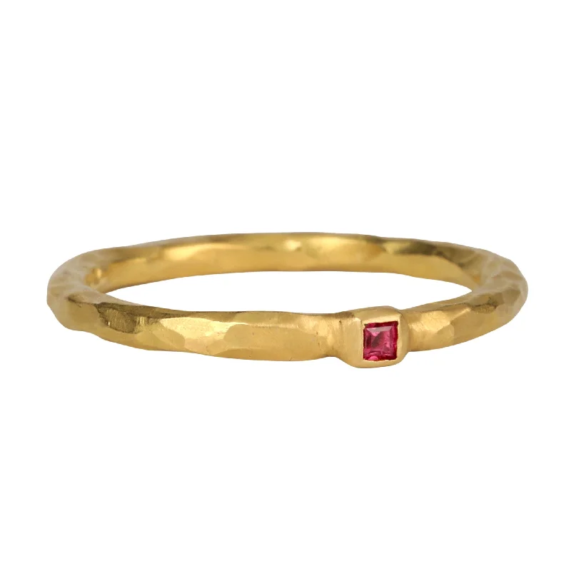 Elevate Your Outfit With Discounted Statement Jewelry 22K Gold Thin Hammered Band with Square Burmese Ruby "Floating Bezel"