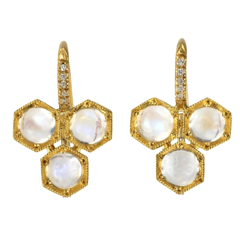 Buy More, Save More On Stunning Jewelry Designs 22K Gold Triple Hexagonal Rainbow Moonstone Earrings with Pave Diamond Details