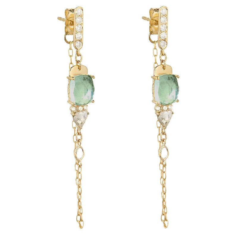 Discounted Jewelry For A Glamorous Look 14K Gold Front-to-Back Chain Earrings with Rosecut Green Tourmalines