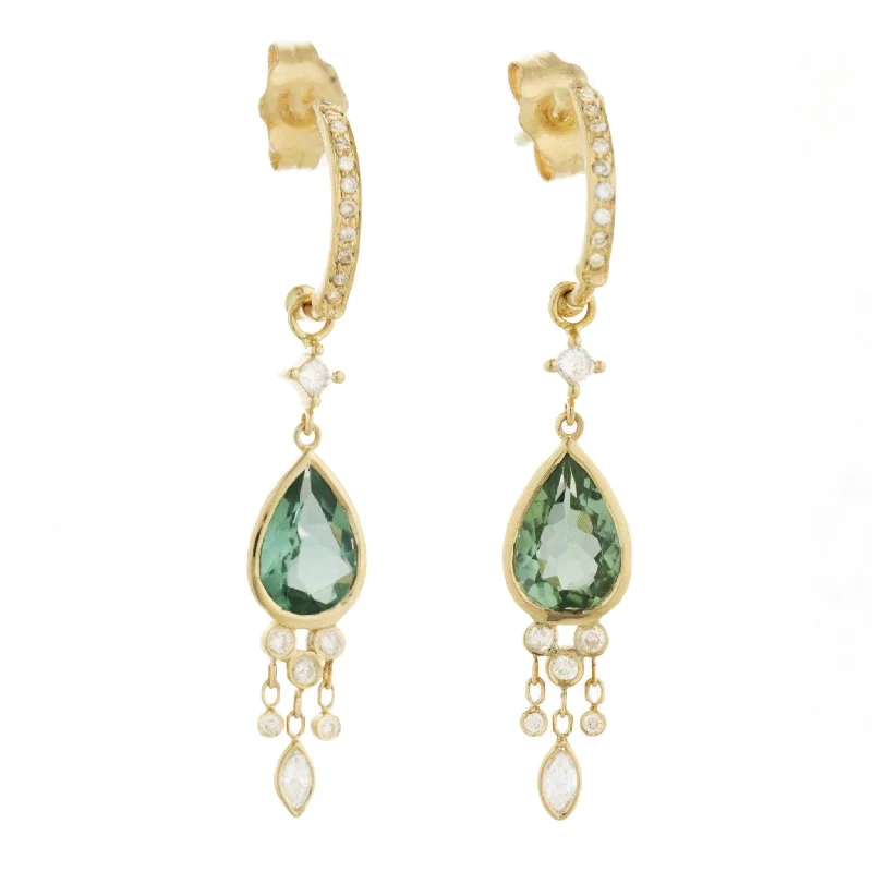 Limited-Time Offer On Elegant Jewelry Pieces 14K Gold Pave Diamond Hoops with Teardrop Green Tourmalines