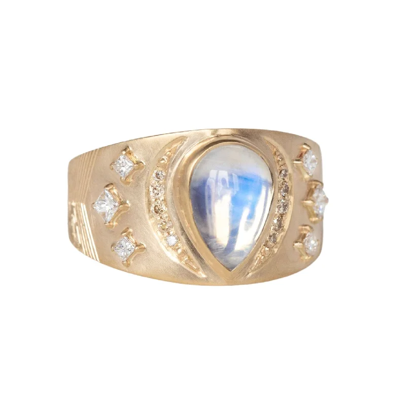 Unique Jewelry For Less – Shop The Sale Now Wide Tapered Shield Ring with Center Pear-Shaped Moonstone & Diamond Details