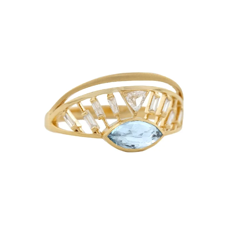 Grab Your Favorite Jewelry At The Lowest Prices Marquise Aquamarine "Sunrise" Ring with Diamond Details