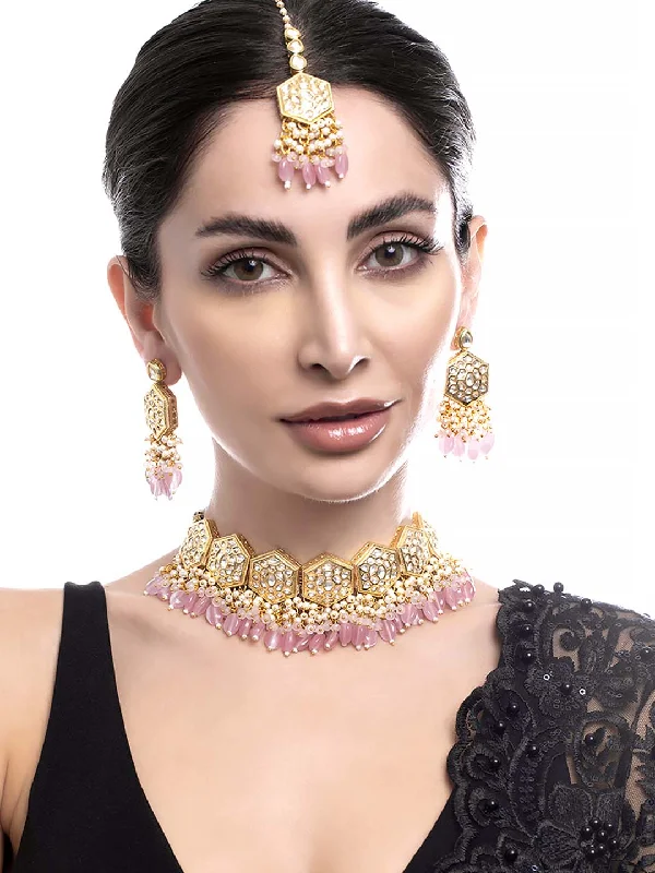 Shop Modern Jewelry Collections With Exclusive Discounts Rubans Gold Plated Kundan Necklace Set With Pastel Pink Beads And Pearls