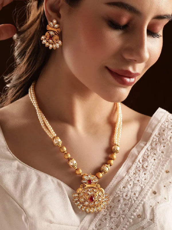 Final Call – Shop Exquisite Jewelry Before It's Gone Rubans Gold-Colored Pendant Necklace Set with White Beads and Small Stones