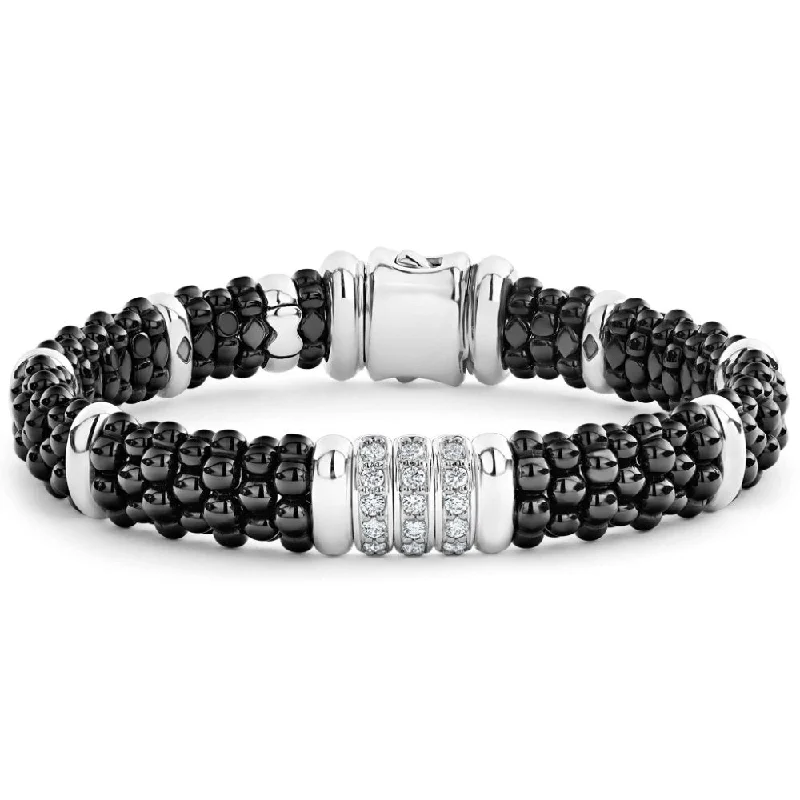 Jewelry Clearance Event – Last Chance For Stunning Deals Lagos Black Caviar Three Station Ceramic Diamond Bracelet, 9mm