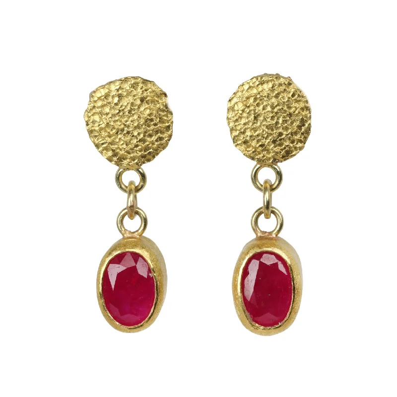 Beautiful Jewelry, Breathtaking Discounts – Hurry In 22K Gold Oval Pink Ruby Earrings with Silk Textured Disc Posts