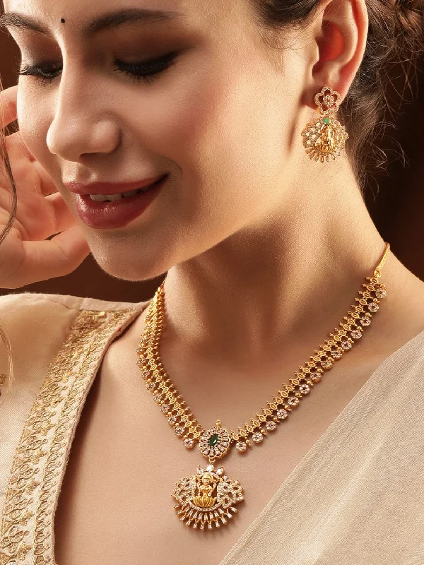 Dainty Floral Jewelry For Feminine Elegance Rubans 22K Gold-Plated Goddess Motif Kemp & Zirconia Crystal Studded Pearl Beaded Handcrafted Necklace Set