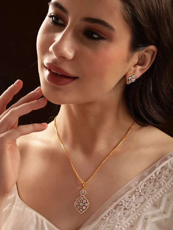 Limited-Time Jewelry Discounts – Shine Without The Splurge Rubans 22K Gold plated Pave Zirconia studded striking Pendant Set