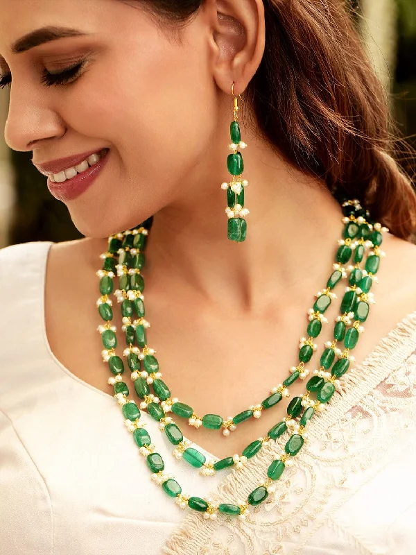 Get Ready To Sparkle – Special Jewelry Discounts Rubans 22K Gold Plated Semi Precious Green Aventurine Gem Beaded Zirconia studded Tri Layer Statement Necklace Set