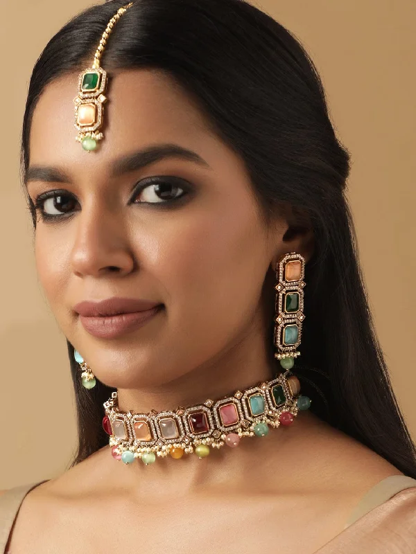 Get The Jewelry You Love At A Price You Love Rubans 22K Mehndi Gold Plated Multicolor & Reverse AD Studded Choker Set