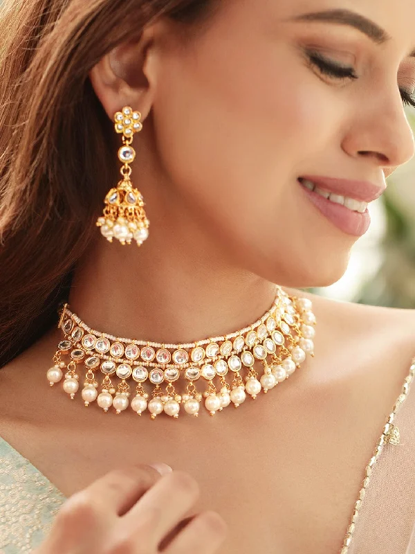 Classic And Modern Jewelry Styles On Sale Rubans Divine Radiance 22K Gold Plated Kundan pearl beaded Choker jewelry Set