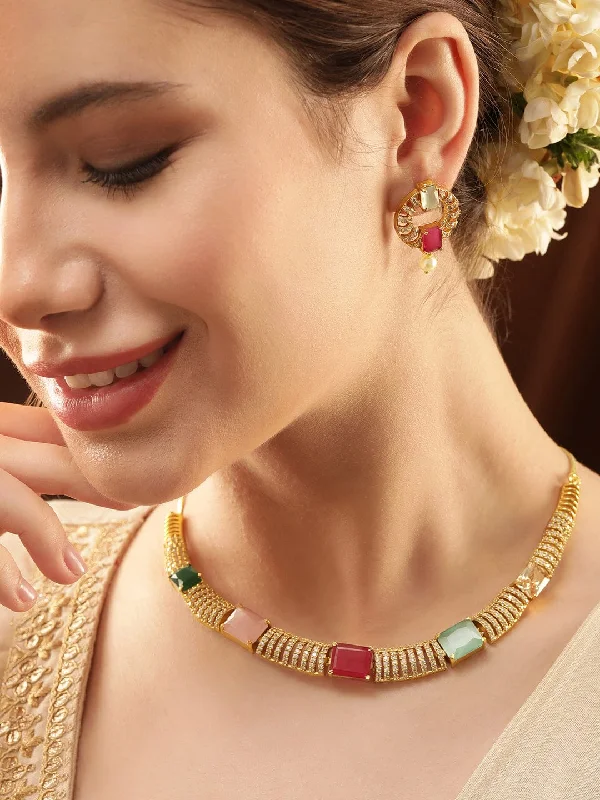 Handcrafted Jewelry Sale – Unique Designs At Low Prices Rubans Elegant Golden AD Necklace Set