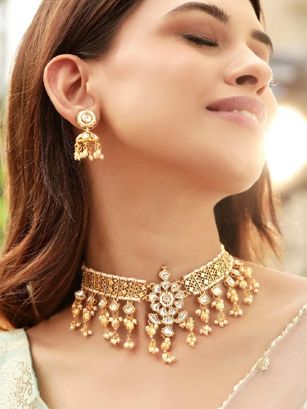 Glamorous Jewelry, Glamorous Deals – Shop Now Rubans Enchanting Radiance 22K Gold Plated Kundan and Pearl beaded Choker jewelry Set