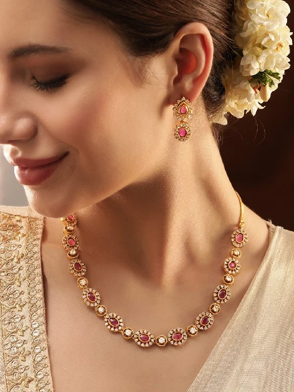 Must-Have Jewelry At Unbelievable Discounts Rubans Glistening Gold Tone Necklace Set with Pink & White Stones