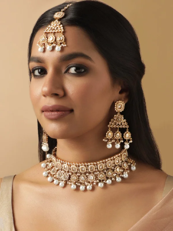 Final Call For Exquisite Jewelry At Reduced Rates Rubans Gold Plated Necklace and Earrings with Maang Tika