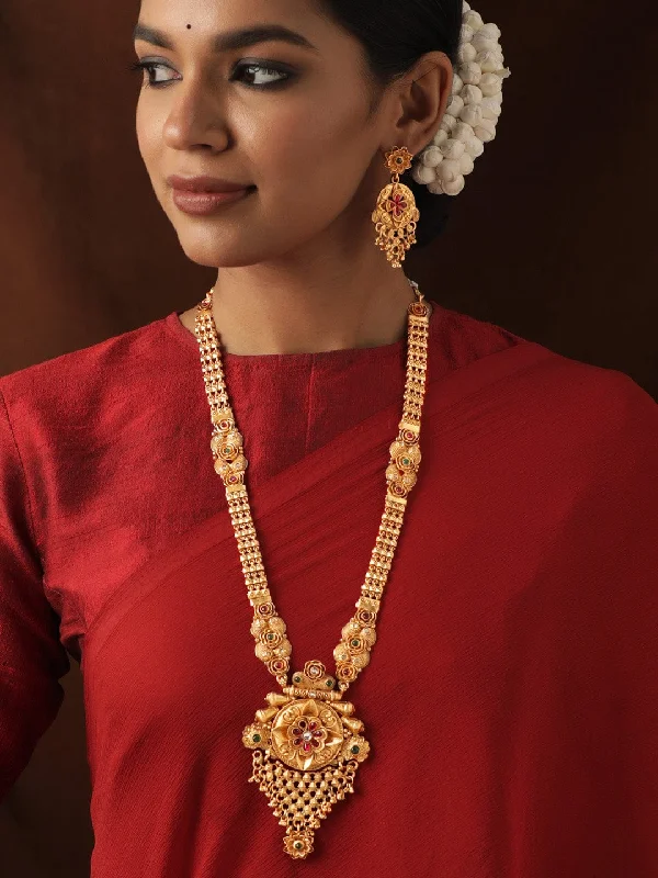 Special Deals On Handcrafted And Designer Jewelry Rubans Gold-Toned Long Necklace Set with Ravishing Red and Green Stones