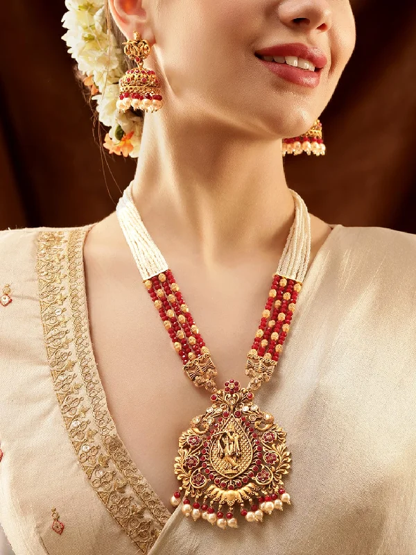 Shine Bright With Our Special Jewelry Promotions Rubans Gold-Toned Lord Krishna Temple Jewellery with White and Red Beads Chain