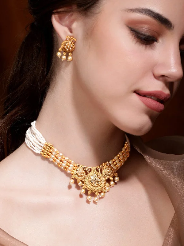 Luxury Jewelry At Unbeatable Discounts Rubans Gold-Toned Pendant with Off-White Beads Chain Choker Set