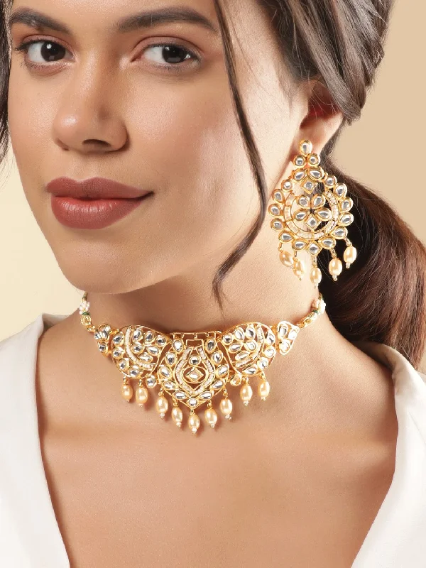 Bestselling Jewelry At Special Promotional Rates Rubans Kundan Choker Necklace Set with White Beads