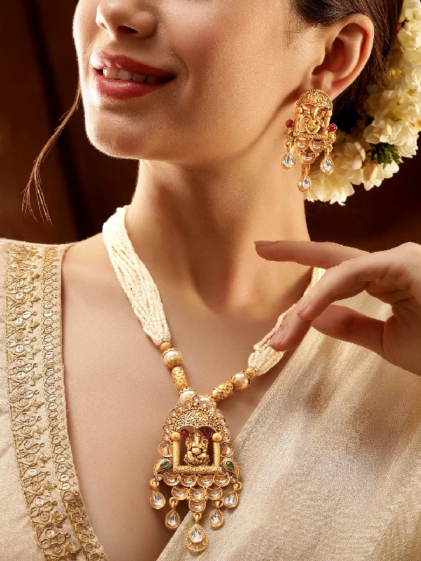 Make Your Outfit Shine With Discounted Jewelry Rubans Lord Ganesha Temple Jewellery with White Beads Chain Necklace Set