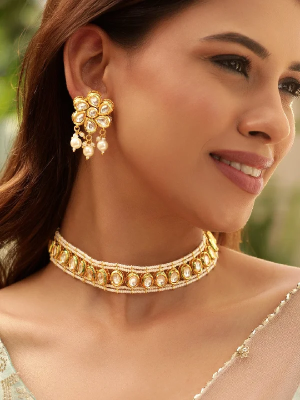 Timeless Elegance At Unbelievable Discounts Rubans Luxurious 22K Gold Plated Pearl beaded Kundan Choker jewelry Set