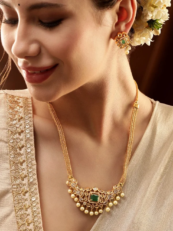 Exclusive Jewelry Bundles At Discounted Prices Rubans Opulent Gold-Plated AD & Green Stone Necklace Set