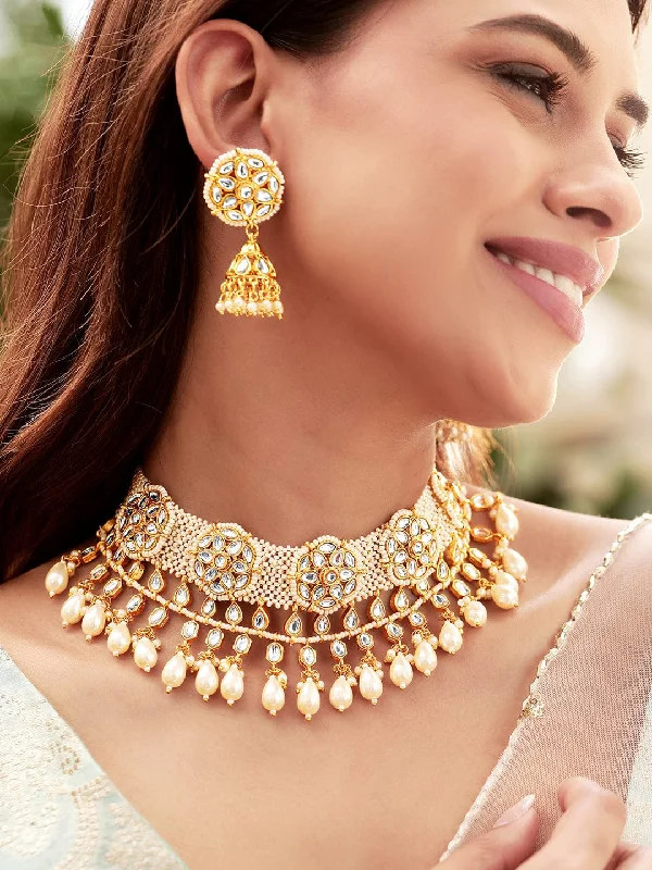 Jewelry Deals That Outshine The Rest Rubans Opulent Reverie 22K Gold Plated Kundan and Pearl beaded Choker jewelry Set