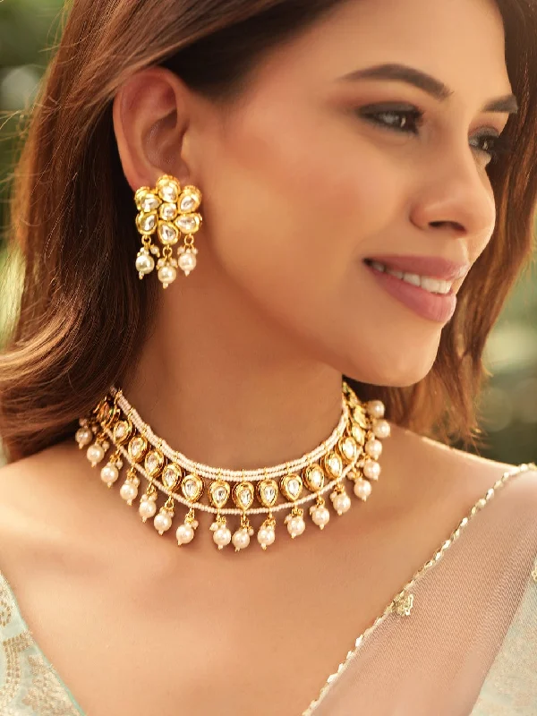 Exclusive Jewelry Markdowns – Limited-Time Offer Rubans Radiant 22K Gold Plated Kundan and Pearl beaded Choker jewelry Set