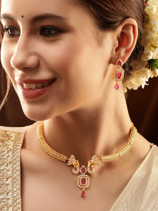 Exclusive Online Discounts On Stylish Jewelry Rubans Radiant Gold-Plated AD & Pink Stone Necklace Set