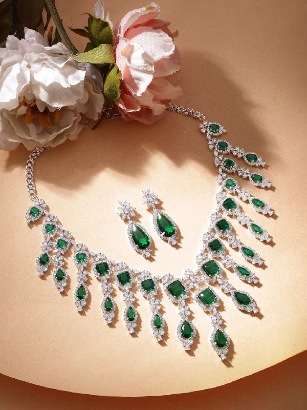 Fine Jewelry, Limited-Time Offers Available Rubans Rhodium Plated Emerald Green Zirconia Statement Jewellery Set