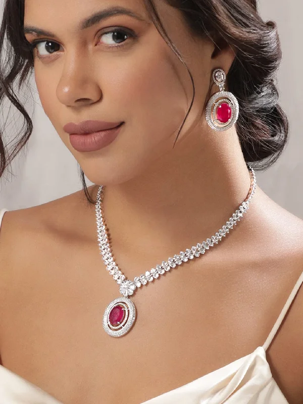 Save On Luxury Jewelry Pieces – Limited-Time Offers Rubans Rhodium Plated High Finish Ruby Red Oval Zirconia Studded Statement Necklace Set