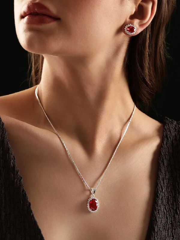 Chic And Stylish Jewelry At Discounted Prices Rubans Rhodium plated Ruby Red zirconia Studded Oval Pendant Set