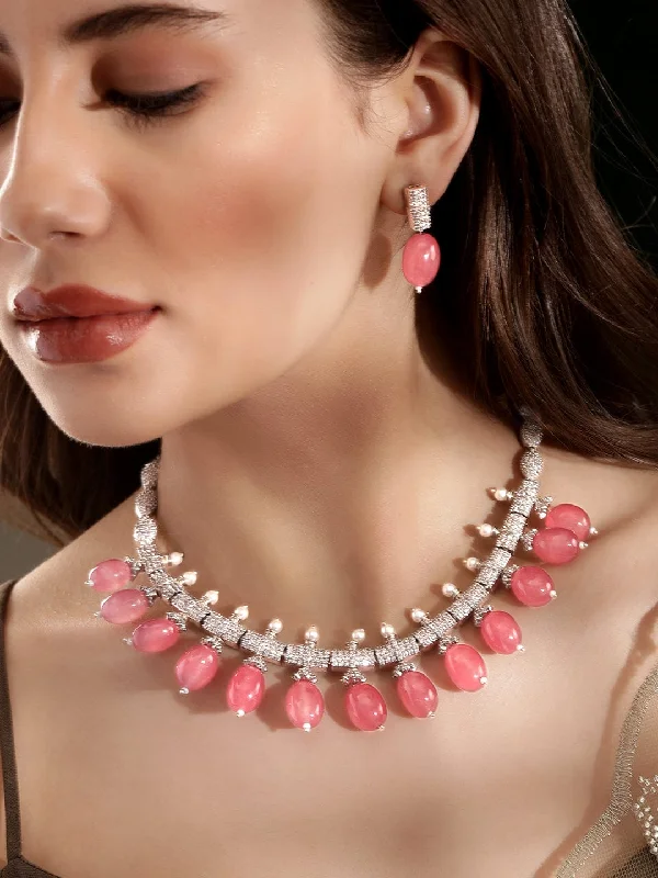 Elegant Necklaces And Bracelets At Limited-Time Offers Rubans Rose Petal Elegance: Pink Beaded AD Necklace Set