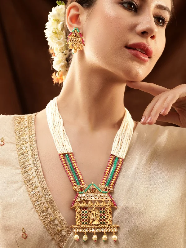 Save On Luxury Jewelry Pieces – Limited-Time Offers Rubans Sacred Love: Lord Krishna and Radha Temple Jewellery Gold Tone Pendant with Pearls Hanging and White Beads Chain Necklace Set