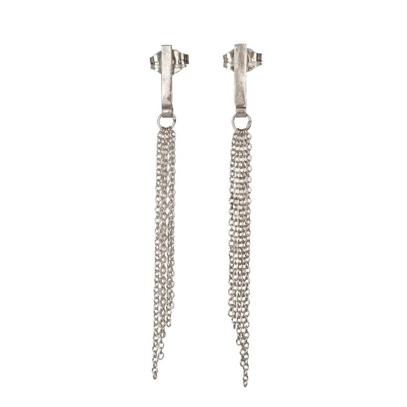 Shop High-Quality Jewelry At Jaw-Dropping Discounts The "Olive" Sterling Silver Post Earrings with Angled Chain Fringe Attached to a Flat Bar