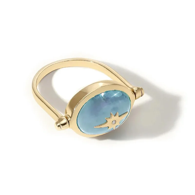 Big Discounts On Elegant Jewelry Collections 10 Karat Yellow Gold Spinning Star Ring with Milky Aquamarin...