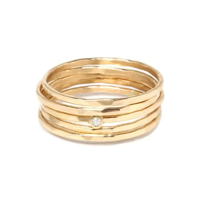 Handcrafted Jewelry Sale – Unique Designs At Low Prices Five Gold Thin Hammered Stacking Rings with Single Diamond